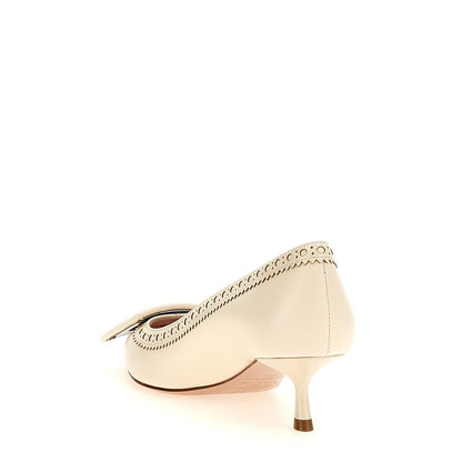 Roger Vivier White Lamb Leather Mid Heel Pumps