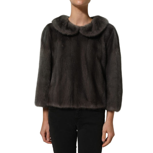 Dolce & Gabbana Dark Gray Mink Fur Round Collar Blouse Top