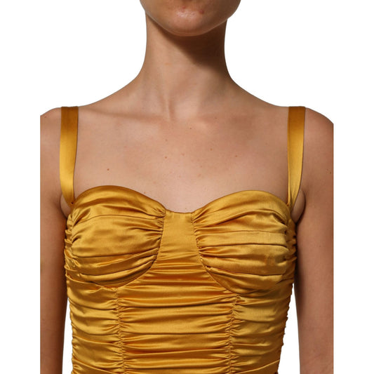 Dolce & Gabbana Gold Silk Ruched Bodycon Sheath Midi Dress
