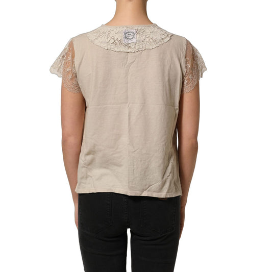 PINK MEMORIES Beige Cotton Lace Detailing Round Neck Top