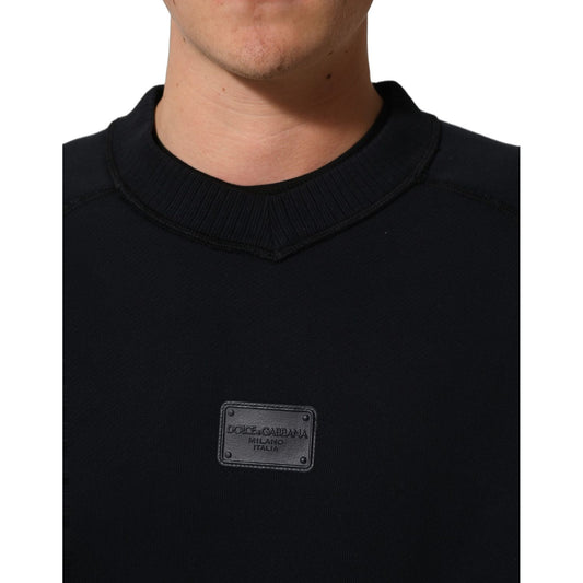 Dolce & Gabbana Black Logo Plaque Cotton Crew Neck Pullover Sweater