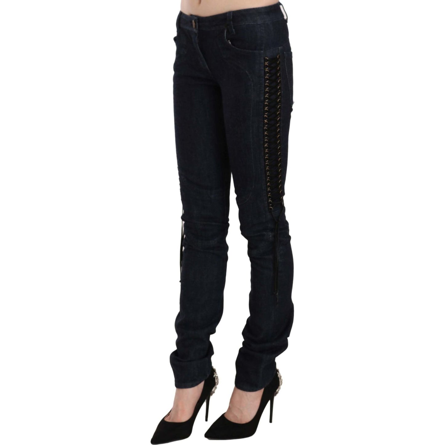 Just Cavalli Blue Low Waist Skinny Trousers Braided String Pants