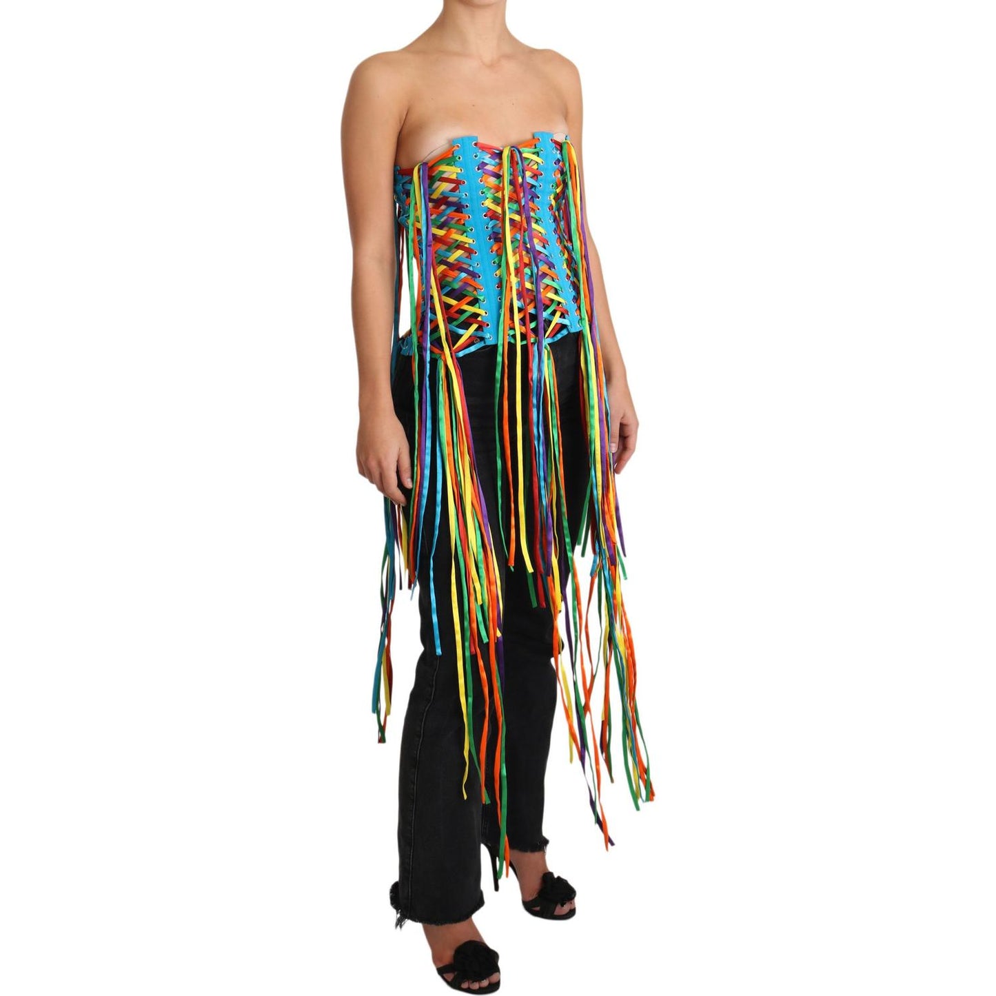 Dolce & Gabbana Multicolor Strings Bustier Polyester Corset Top 1728,67345645728,Clothing,Dolce & Gabbana,IT36 | XS,IT38|XS,IT40|S,IT42|M,IT46|XL,Material: 35% Polyester 35% Silk 12% Rayon 10% Real Brass 8% Cotton,Multicolor,New with tags,Sleeveless - T-S