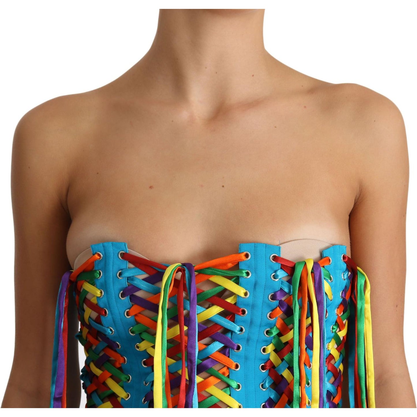 Dolce & Gabbana Multicolor Strings Bustier Polyester Corset Top 1728,67345645728,Clothing,Dolce & Gabbana,IT36 | XS,IT38|XS,IT40|S,IT42|M,IT46|XL,Material: 35% Polyester 35% Silk 12% Rayon 10% Real Brass 8% Cotton,Multicolor,New with tags,Sleeveless - T-S