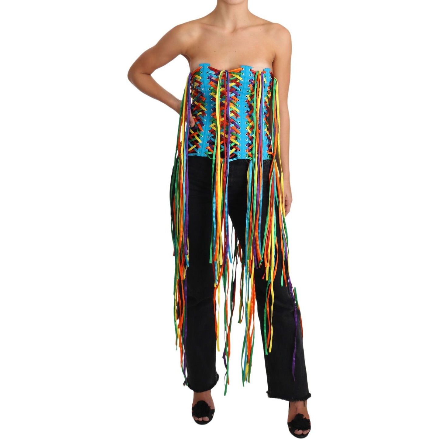 Dolce & Gabbana Multicolor Strings Bustier Polyester Corset Top 1728,67345645728,Clothing,Dolce & Gabbana,IT36 | XS,IT38|XS,IT40|S,IT42|M,IT46|XL,Material: 35% Polyester 35% Silk 12% Rayon 10% Real Brass 8% Cotton,Multicolor,New with tags,Sleeveless - T-S