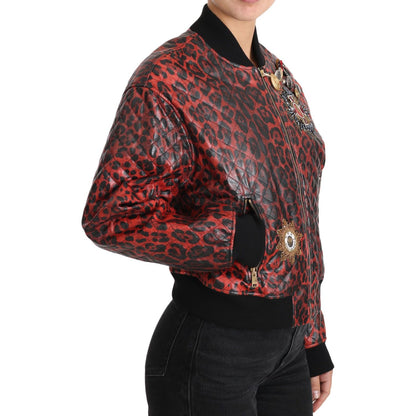 Dolce & Gabbana Red Leopard Button Crystal Leather Jacket