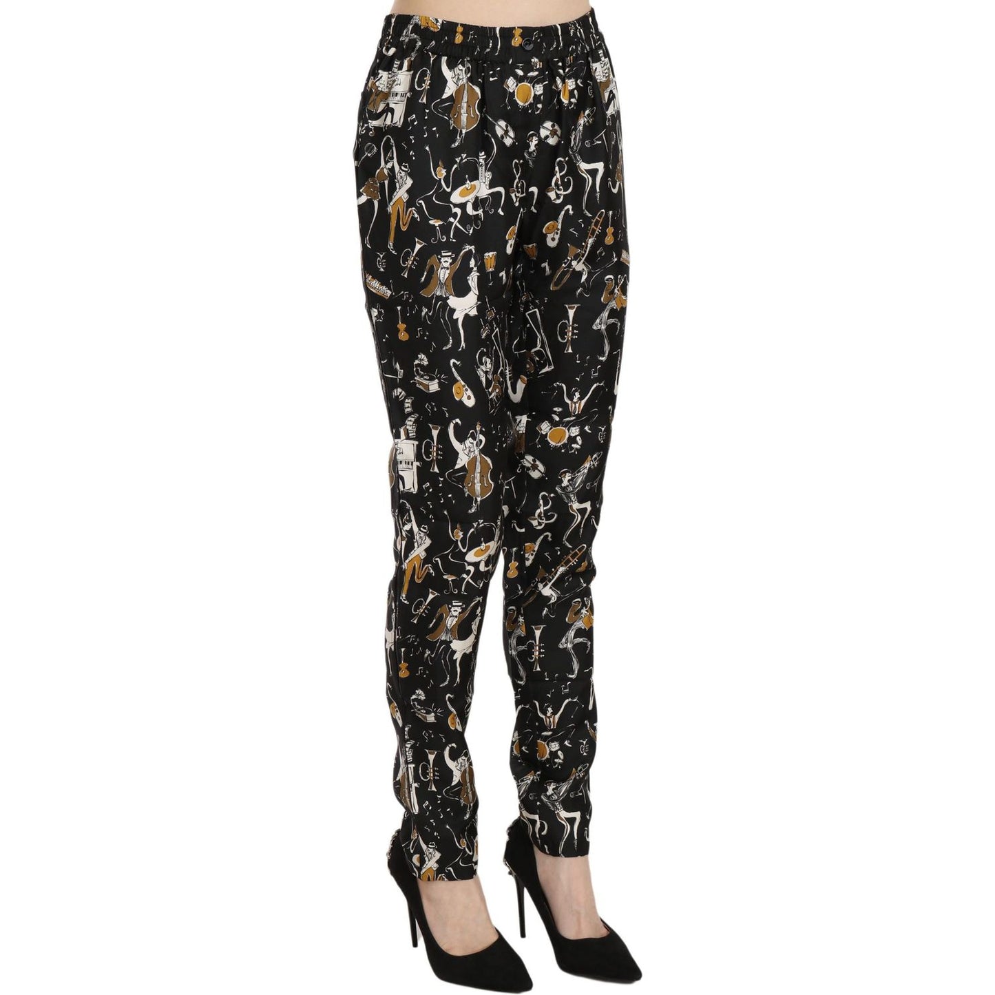 Dolce & Gabbana Black Jazz Club Print High Waist Tapered Pants