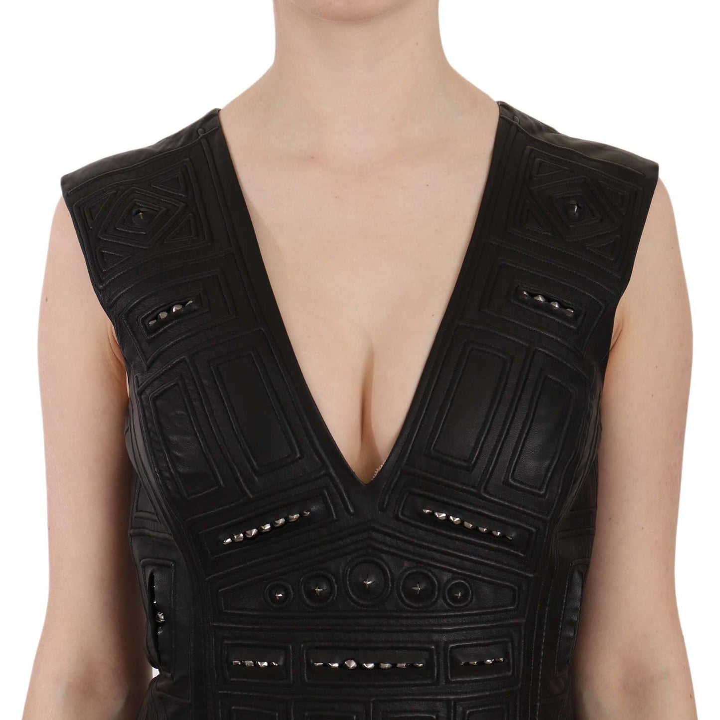 John Richmond Studded Black Leather Mini Sheath Dress John Richmond