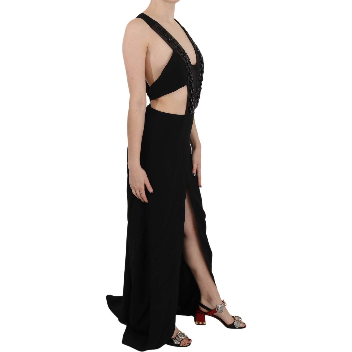 John Richmond Black Crystal Leather Gown Flare Dress