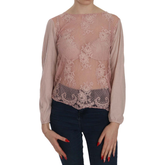 PINK MEMORIES Elegant Pink Lace Boat Neck Blouse PINK MEMORIES Rosy Brown