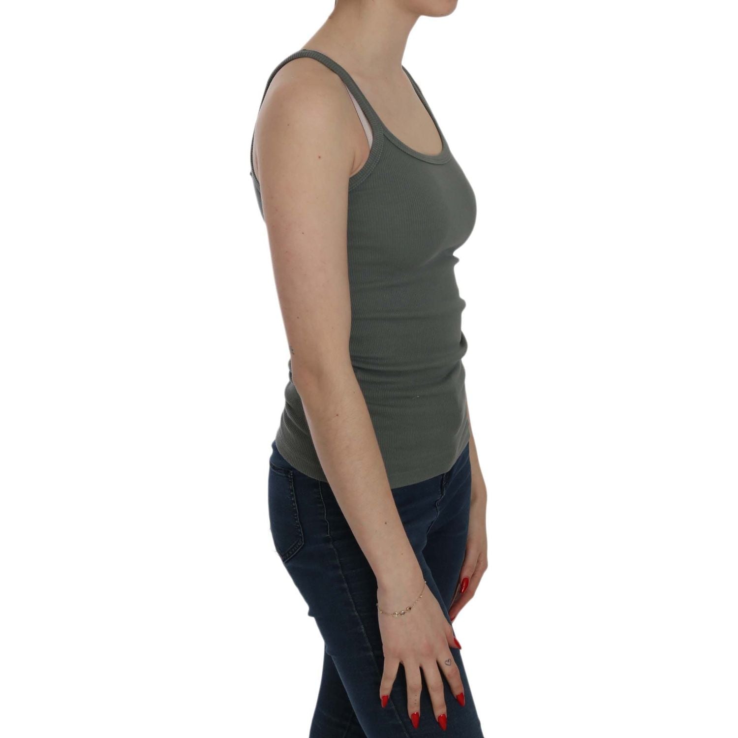 优雅圆领无袖绿色棉质衬衫