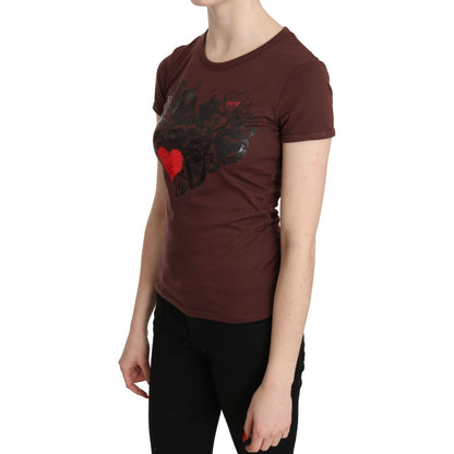 Exte Brown Hearts Printed Round Neck T-shirt Top