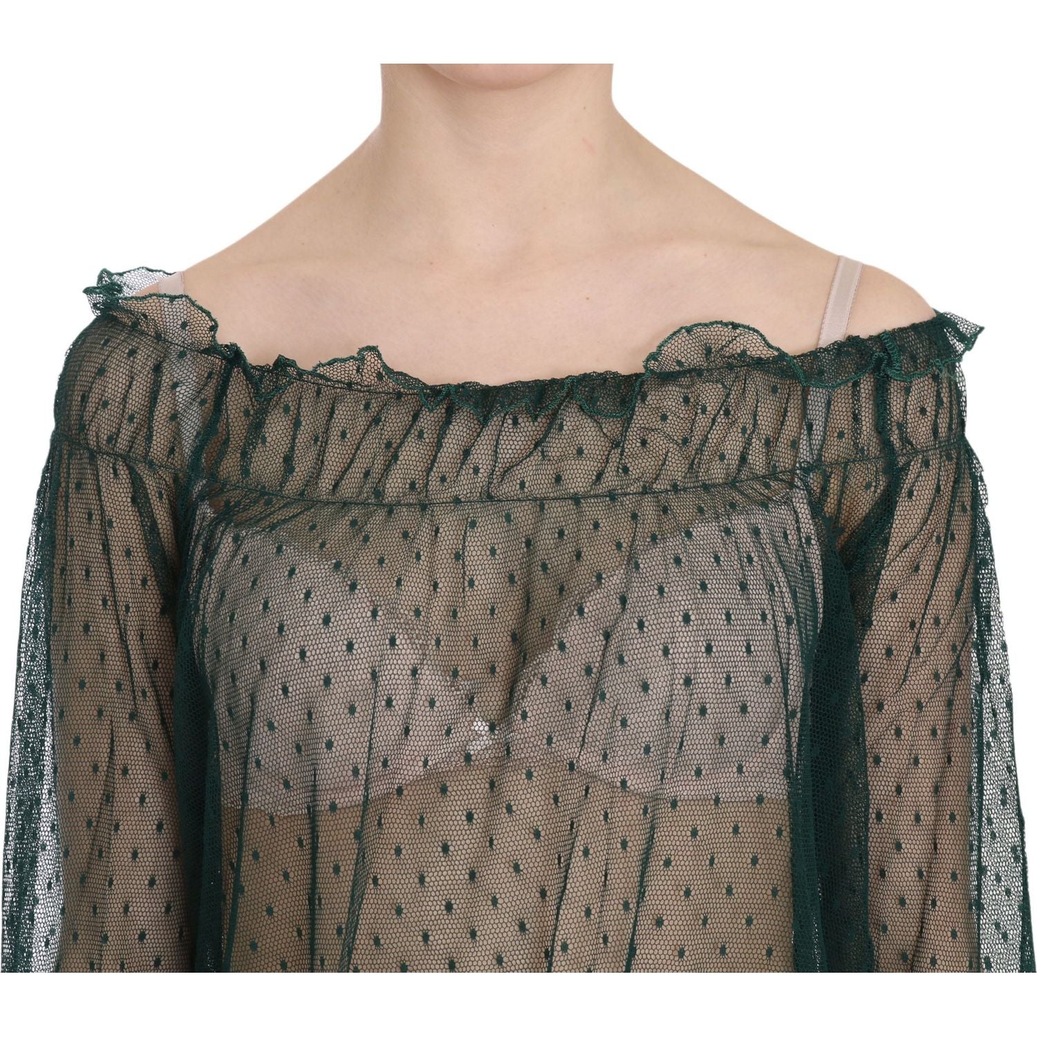 بلوزة أنيقة من القماش الشبكي باللون الأخضر بأكمام طويلة من PINK MEMORIES