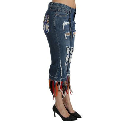 Dolce & Gabbana Blue Feathers Low Waist Cropped Cotton Jeans