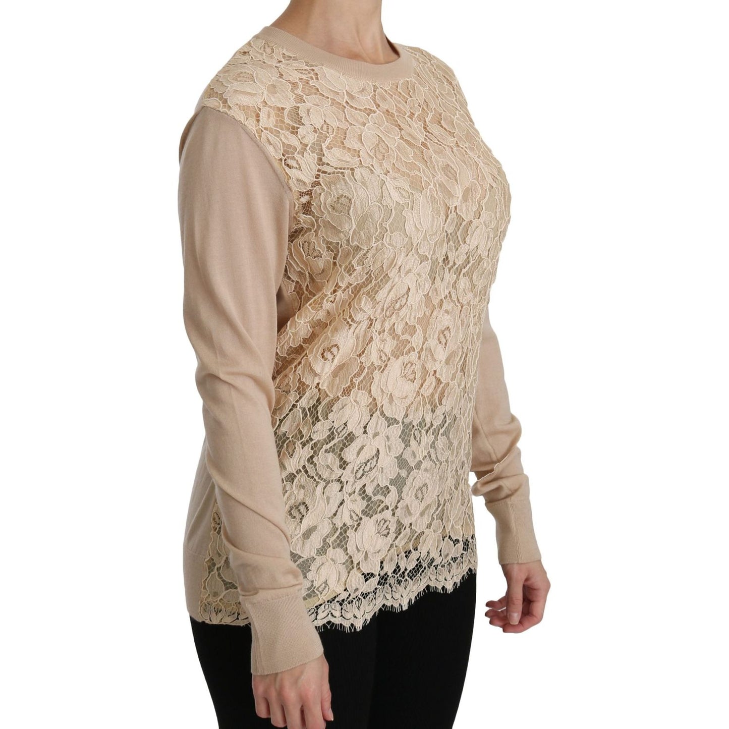 Dolce & Gabbana Elegant Beige Lace Crew Neck Cashmere Blouse Dolce & Gabbana