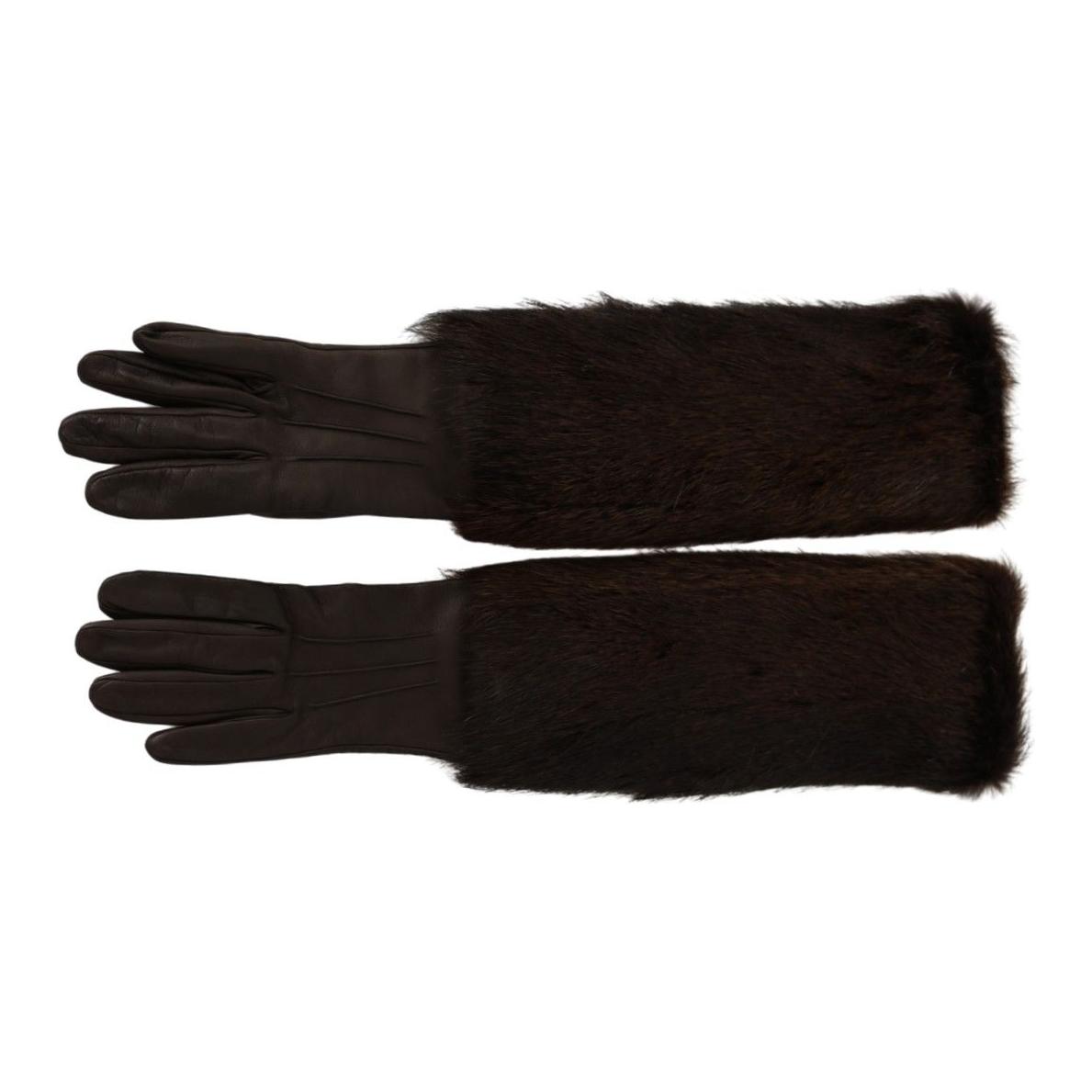 Dolce & Gabbana Brown Elbow Length Mittens Leather Fur Gloves Dolce & Gabbana