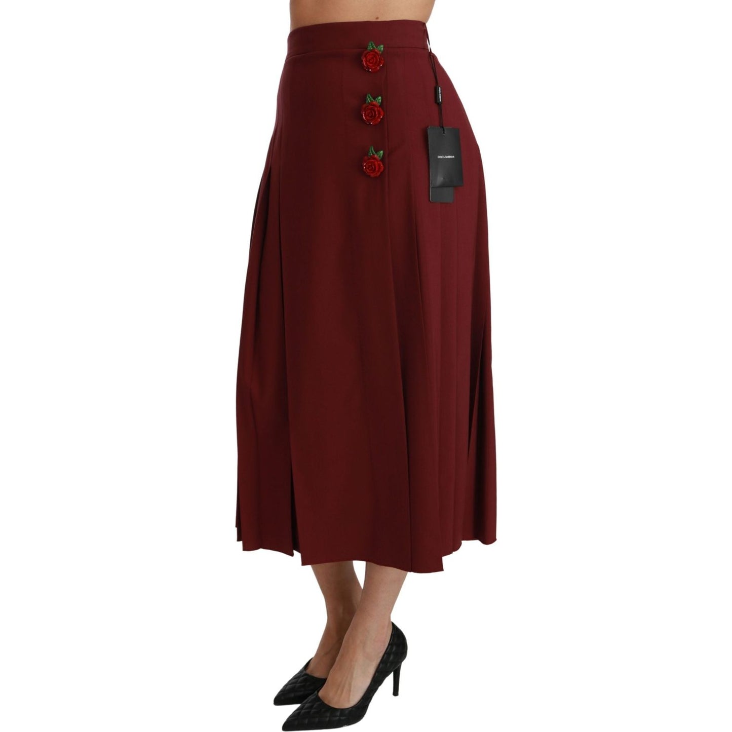 Dolce & Gabbana Red High Waist Pleated Maxi Wool Skirt