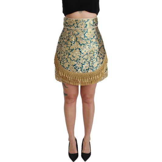 Dolce & Gabbana Blue High Waist Jacquard Tassel Gold Skirt