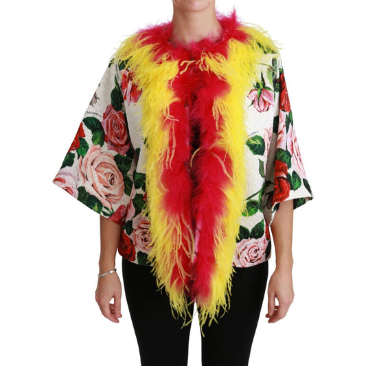 Dolce & Gabbana Elegant Floral Cape Jacket with Fur Details Coats & Jackets Dolce & Gabbana