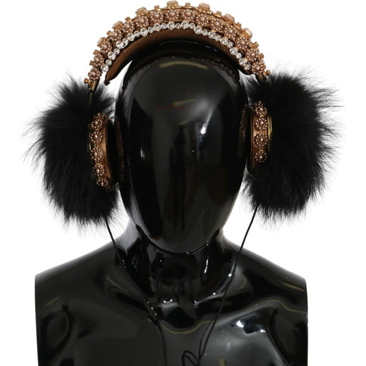 Dolce & Gabbana Gold Black Crystal Fur Headset Audio Headphones Dolce & Gabbana