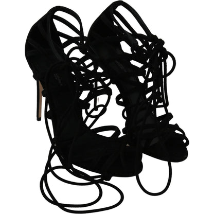 Dolce & Gabbana Black Suede Strap Stilettos Shoes Sandals