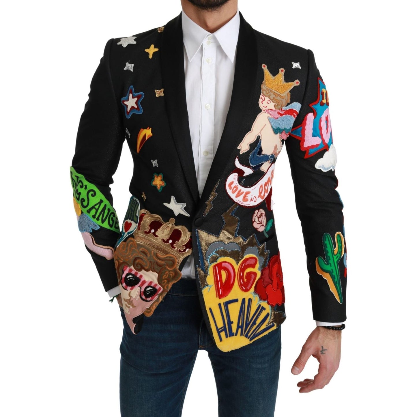 Dolce & Gabbana Chic Black Multicolor Motif Slim Fit Blazer Dolce & Gabbana