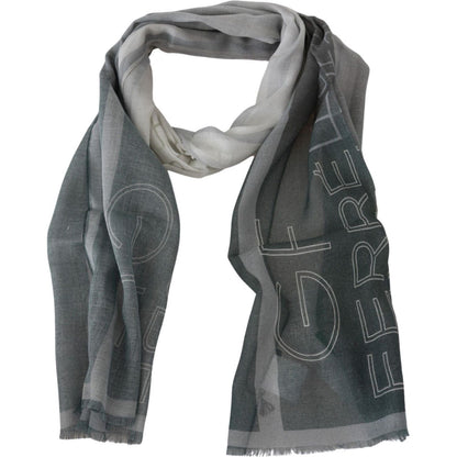 GF Ferre Gray Wool Viscose Foulard Patterned Branded Scarf GF Ferre