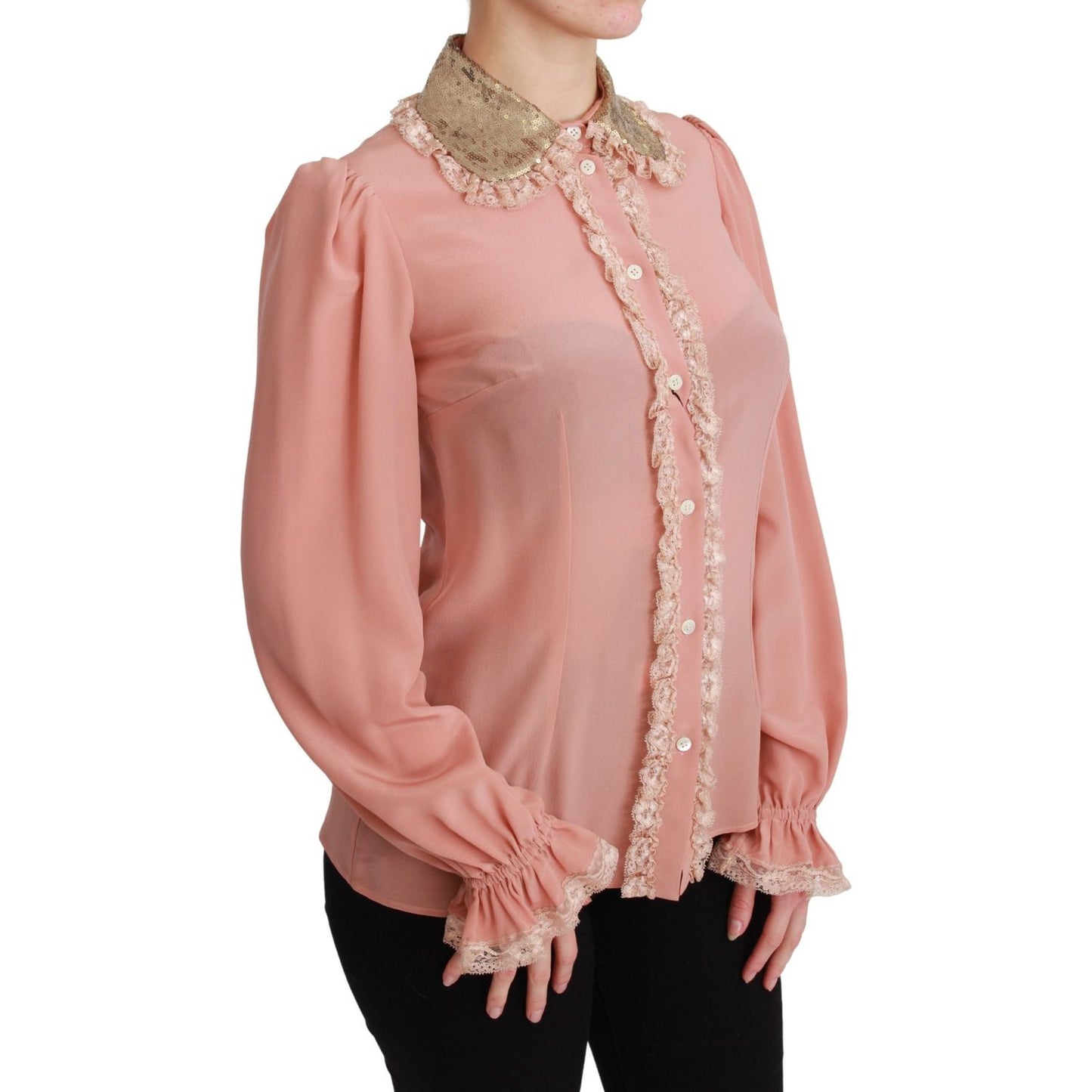 Dolce & Gabbana Elegant Pink Lace Silk Blouse with Gold Sequins Dolce & Gabbana