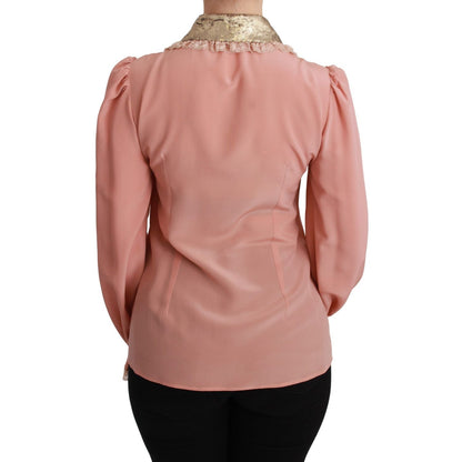 Dolce & Gabbana Pink Silk Gold Sequin Lace Blouse Shirt