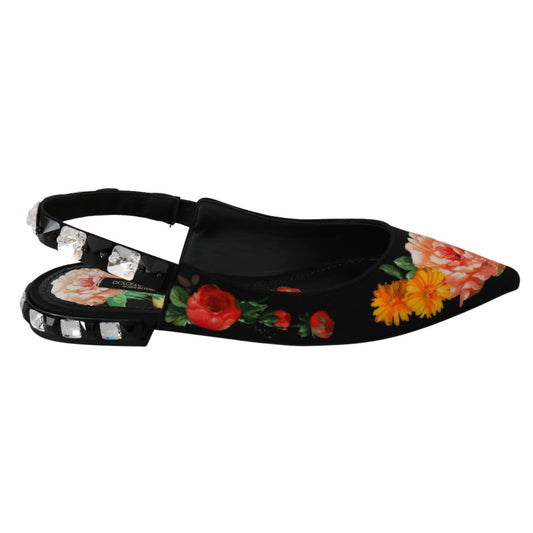 Dolce & Gabbana Black Floral Crystal Slingbacks Flats Shoes Dolce & Gabbana