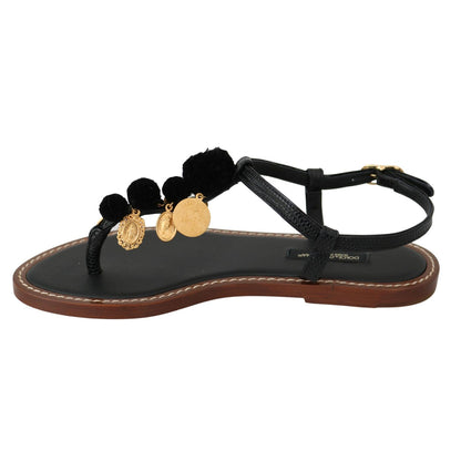 Dolce & Gabbana Black Leather Coins Flip Flops Sandals Shoes