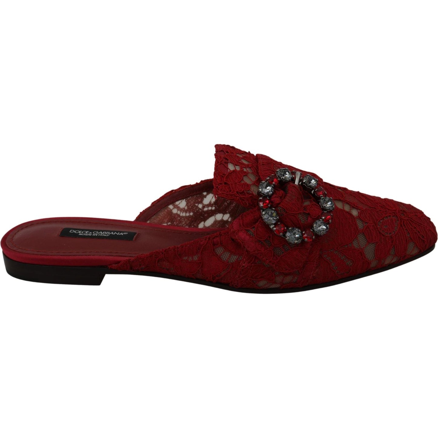 Dolce & Gabbana Red Lace Crystal Slide On Flats Shoes