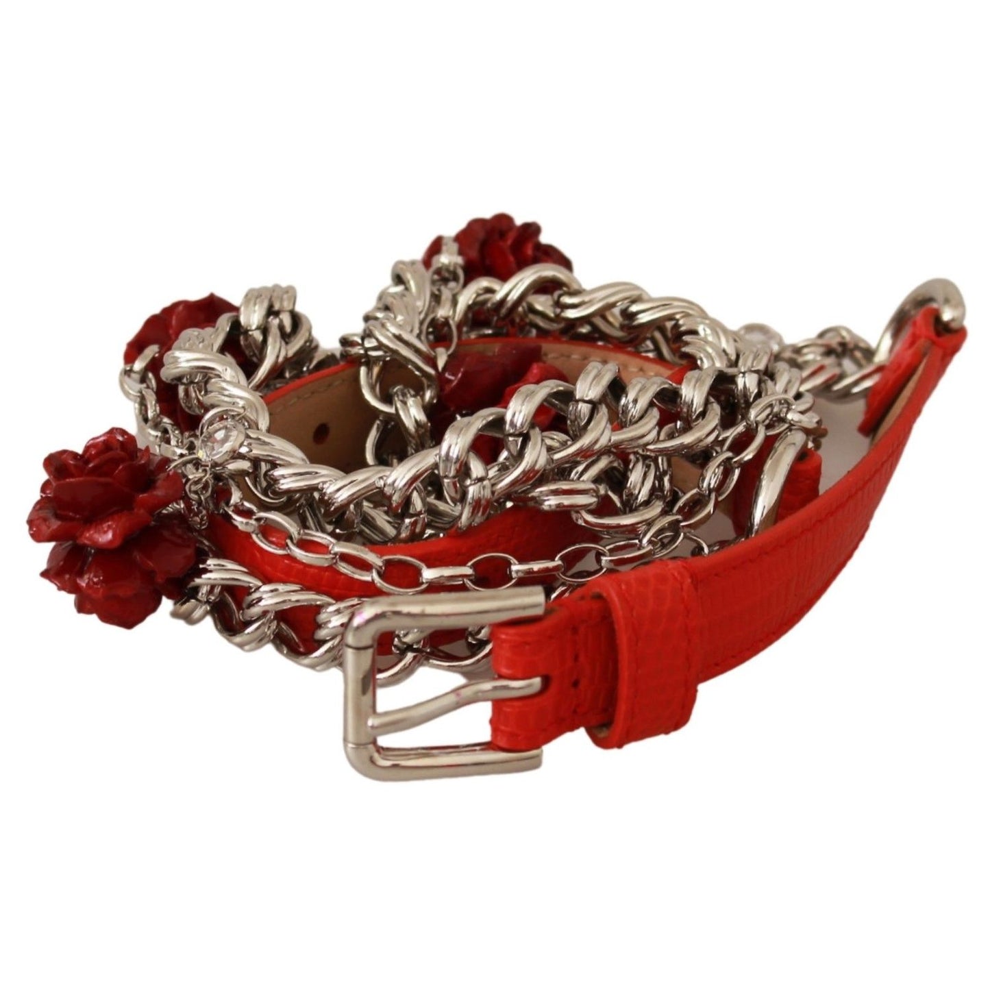 Dolce & Gabbana Red Leather Roses Floral Silver Waist Belt Dolce & Gabbana