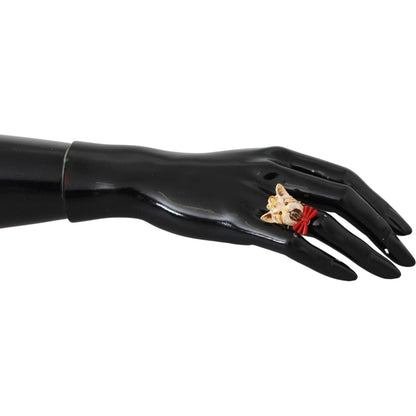 Dolce & Gabbana Gold Brass Resin Beige Dog Pet Branded Accessory Ring Dolce & Gabbana