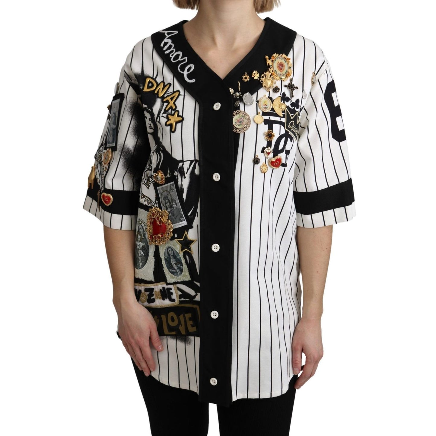 Dolce & Gabbana White and black Blouse Cotton Crystal Charms Amore Shirt