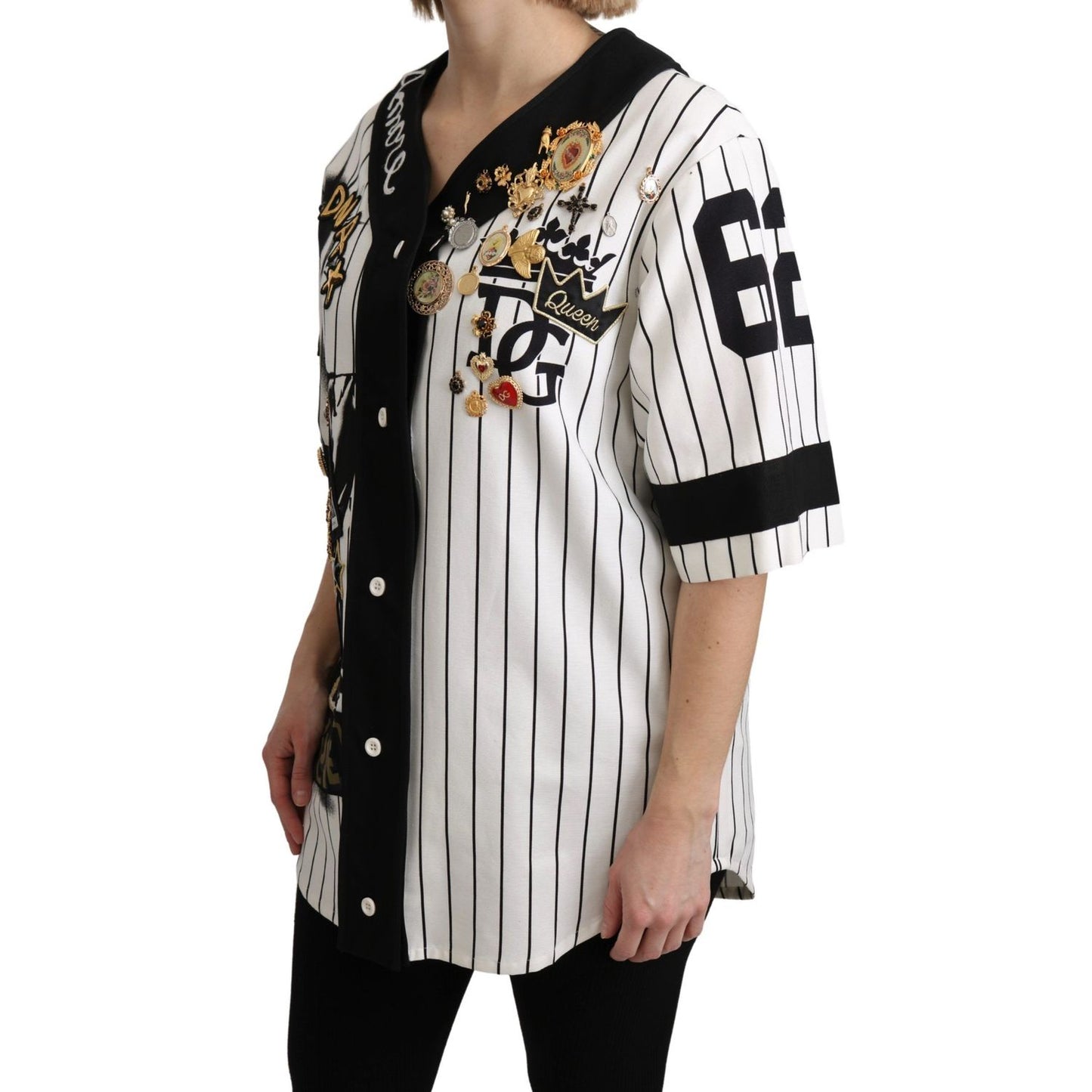 Dolce & Gabbana White and black Blouse Cotton Crystal Charms Amore Shirt
