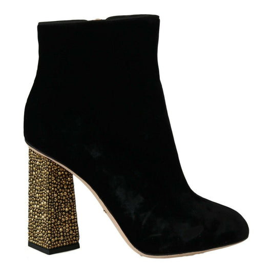 Dolce & Gabbana Black Velvet Crystal Square Heels Shoes 1728,67345645728,85% Viscose (velvet),Ankle - Boots - Shoes,Black,Boots - Shoes,Boots - Women - Shoes,Dolce & Gabbana,EU40/US9.5,High Heel - Boots - Shoes,Material: 15% Silk,New with tags,Shoes,Women