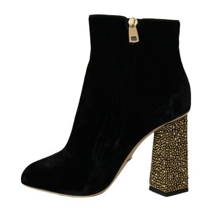 Dolce & Gabbana Black Velvet Crystal Square Heels Shoes