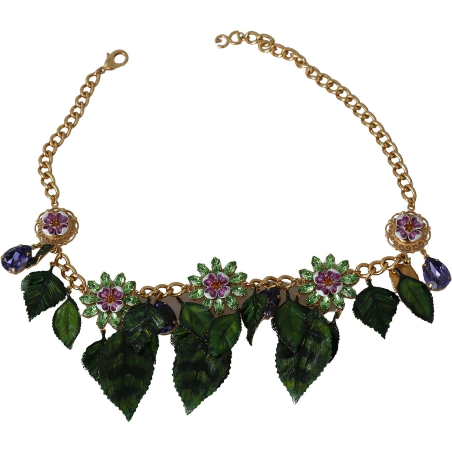Dolce & Gabbana Green Leaves Gold Brass Crystal Flower Pendant Necklace Dolce & Gabbana