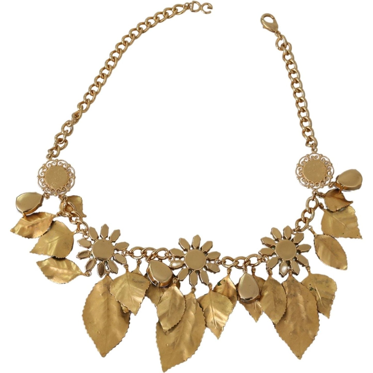Dolce & Gabbana Green Leaves Gold Brass Crystal Flower Pendant Necklace Dolce & Gabbana