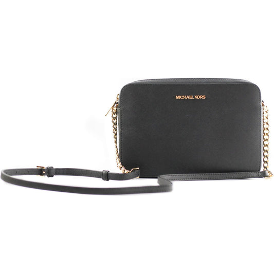 Michael Kors Jet Set Large East West Saffiano Leather Crossbody Bag Handbag (Black Solid/Gold Hardware) Michael Kors