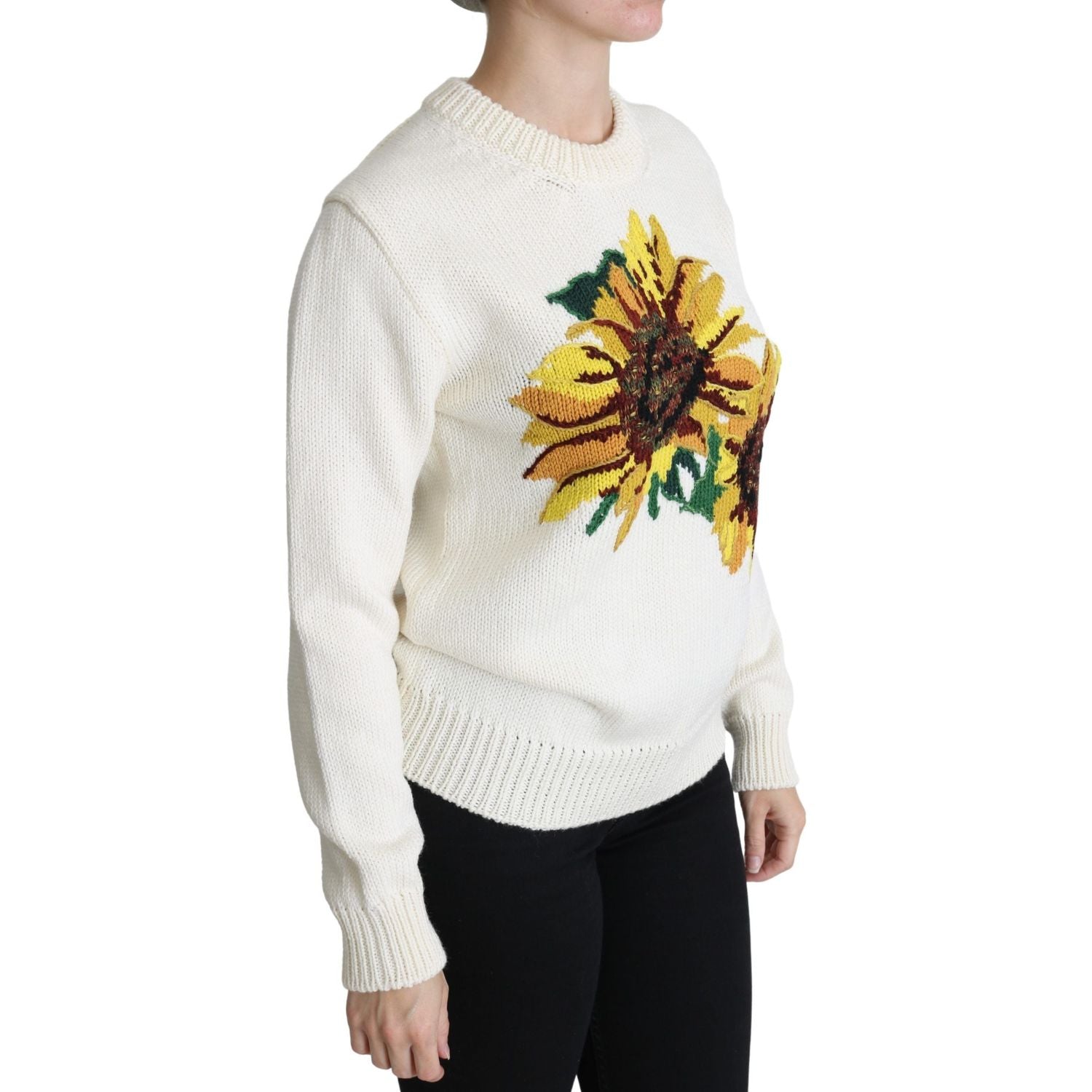 Dolce & Gabbana White Floral Wool Pullover Sunflower Sweater