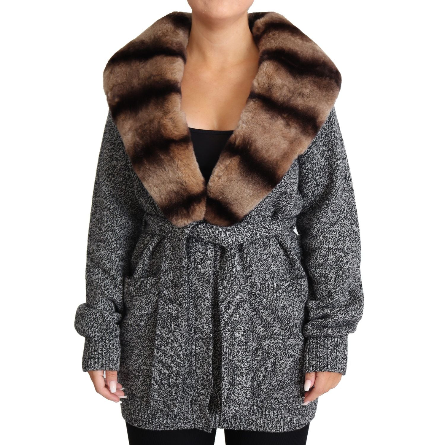 Dolce & Gabbana Gray Cardigan Fur Coat Cashmere Jacket