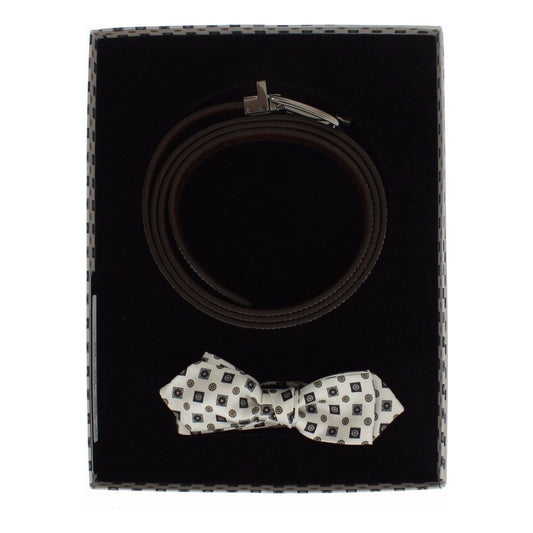 Dolce & Gabbana White Silk Bowtie Leather Men Belt Gift Box Dolce & Gabbana