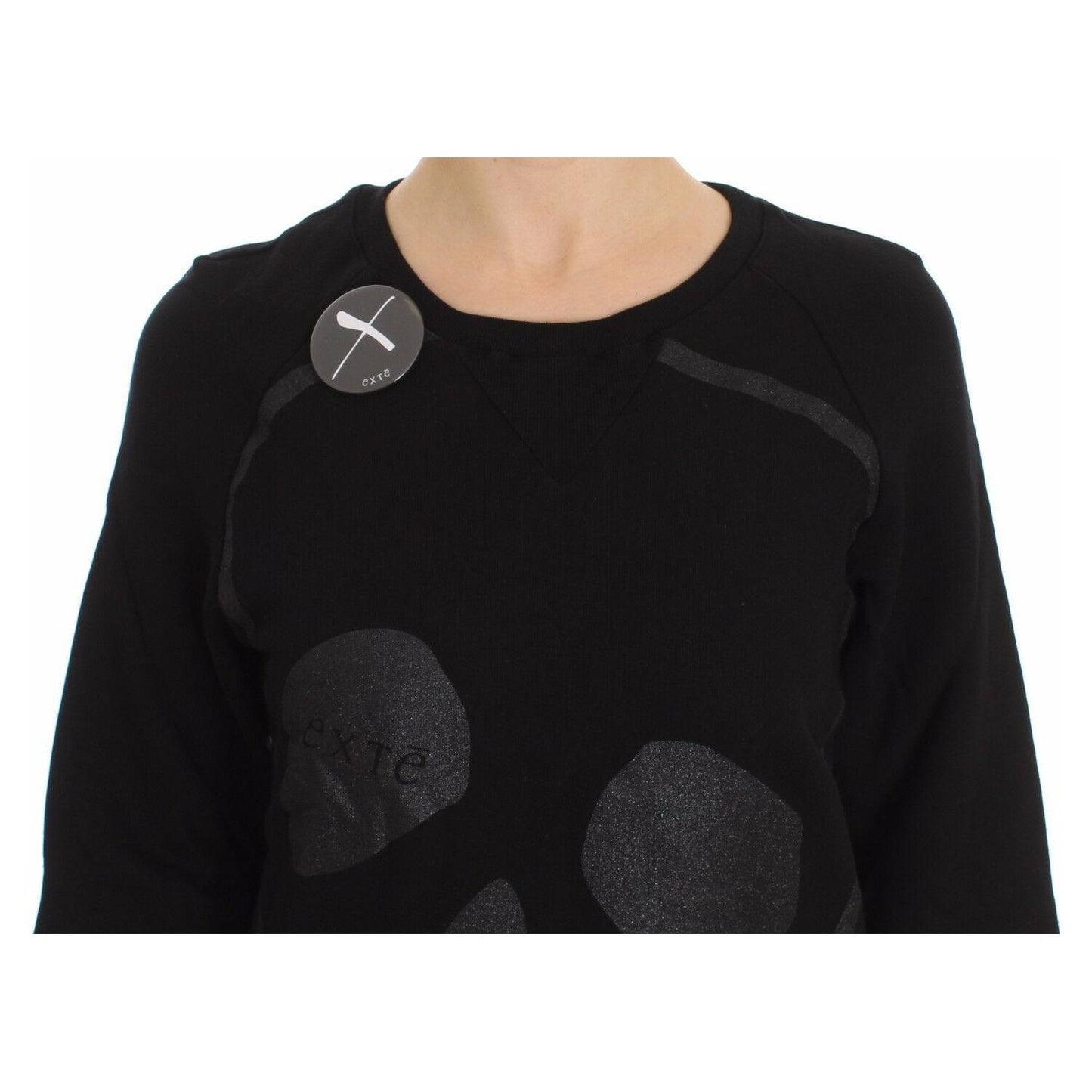 Exte Black Cotton Motive Print Crewneck Pullover Sweater