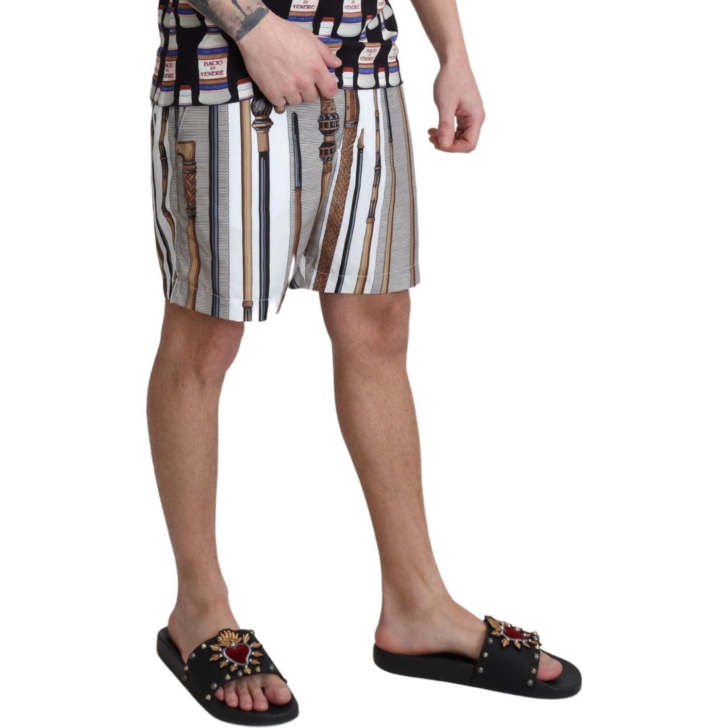 Dolce & Gabbana White Walking Stick Beachwear Shorts Swimshorts