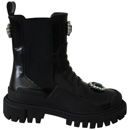 Dolce & Gabbana Black Leather Crystal Combat Boots