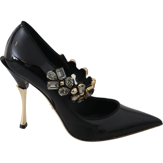 Dolce & Gabbana Black Leather Crystal Shoes Mary Jane Pumps 1728,67345645728,Black,Dolce & Gabbana,EU35/US4.5,Material: 88% Leather 12% Viscose,Mid Heel - Pumps - Shoes,New with tags,Pumps - Shoes,Pumps - Women - Shoes,Shoes,Women,Women - Shoes