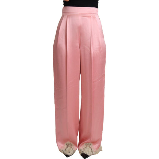 Dolce & Gabbana Pink Lace Trimmed Silk Satin Wide Legs Pants 1728,67345645728,Clothing,Dolce & Gabbana,Flared Pants - Pants - Clothing,IT38|XS,IT42|M,Jeans & Pants - Women - Clothing,Material: 80% Silk 15% Cotton 5% Nylon,New with tags,Pants - Clothing,Pi