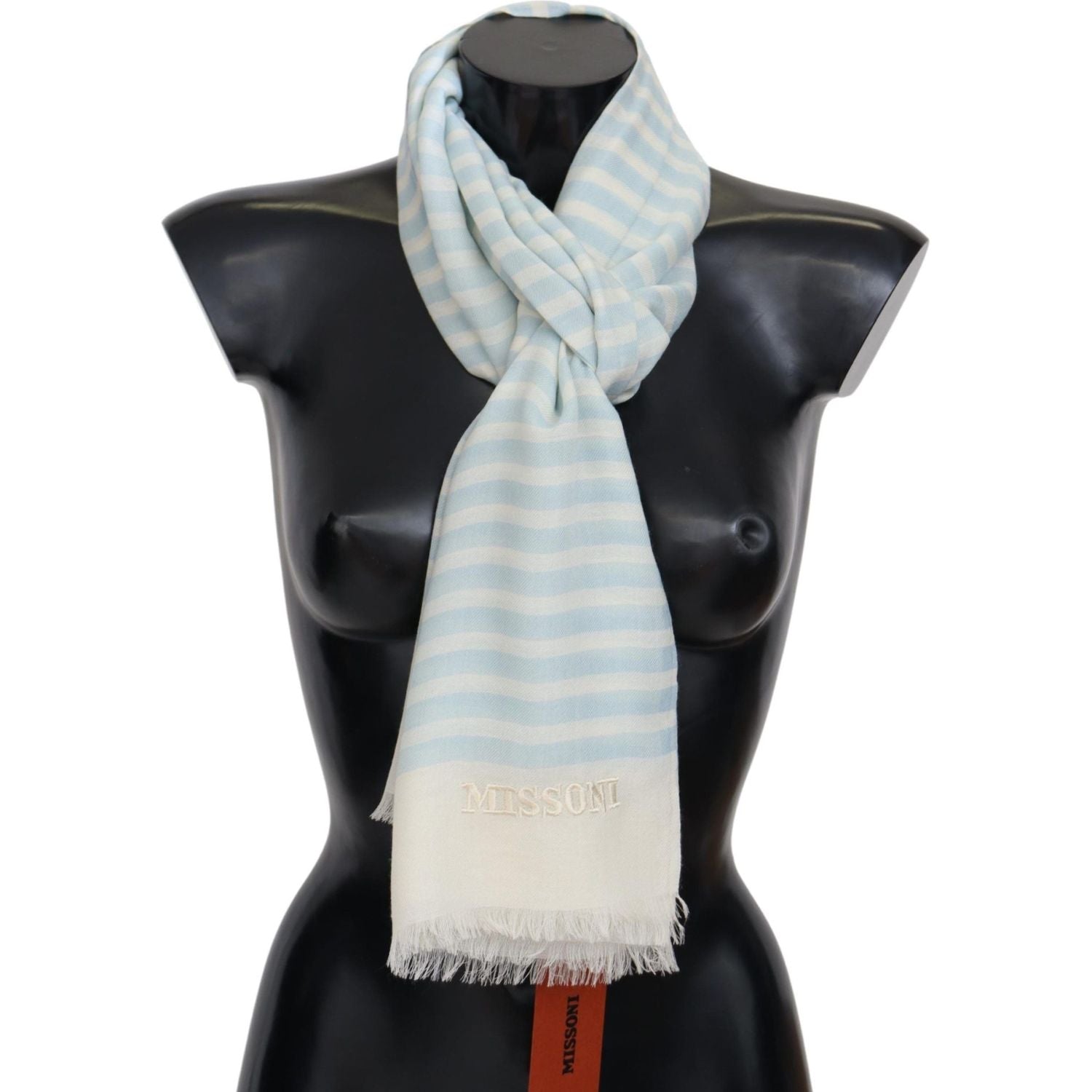 Missoni Blue White Lined Cashmere Unisex Wrap Scarf